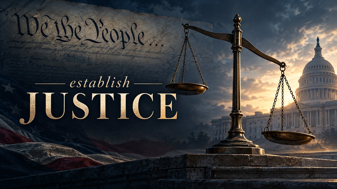 Traditional bronze scales of justice, visibly out of balance, beside constitutional parchment and the Capitol at dusk.